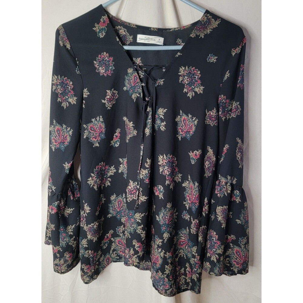 Abercrombie & Fitch Women's Medium Black Floral Print Long Sleeve Tunic Shirt